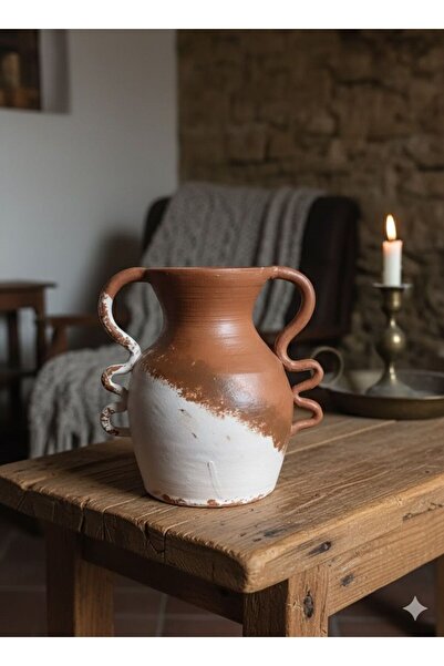 Atiz Çömlek evi مزهرية زخرفية مصنوعة يدويًا من الطين بمقبض منحني أزرق بلون الكوبالت i