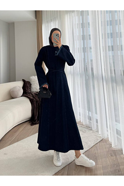 Esre Store 7878 - Püskül Detaylı Kot Tesettür Elbise Lacivert