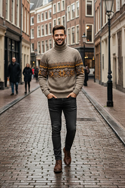 Pulltonic Erkek Desenli Balıkçı Yaka Kazak | %68 Kuzu Yünü