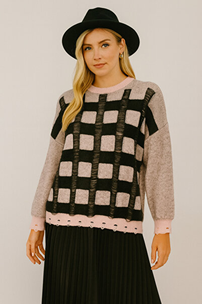 Minora MinoraLady Pulover pentru femei cu model pătrat moale supradimensionat...