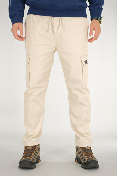 Souris Men's Beige Cargo Pants Relaxed Fit Cotton Elastic Waist