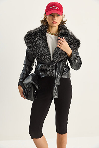 Bianco Lucci Women's Fur Collar Belted Lined Faux Leather Jacket 60571 60283736