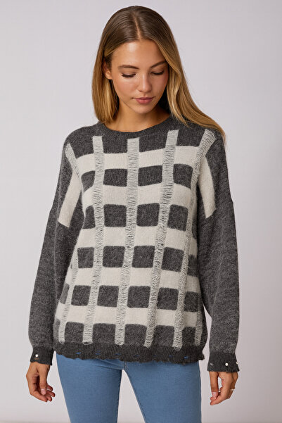 Minora Minoralady Women's Soft Square Pattern Oversized Soft Textured Bearded Knitwear Sweater Gray