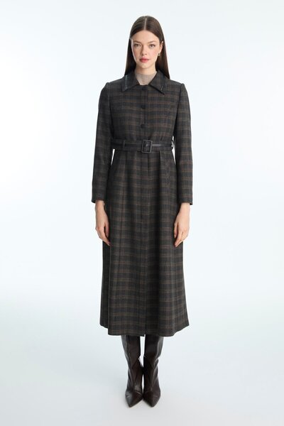 Zühre Plaid Patterned Belt Detailed Black Top Coat 13951