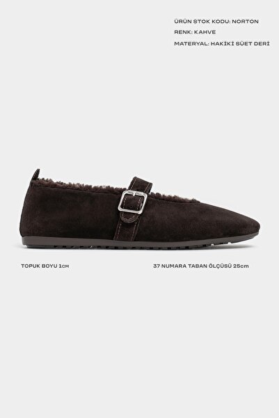 NİŞANTAŞI SHOES Norton Brown Suede Genuine Leather Buckle Inside Fur Lined Flat Sole Women's Ballerinas