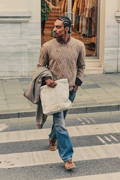 ablukaonline Men's Oversized Patterned Knitwear Sweater Stone