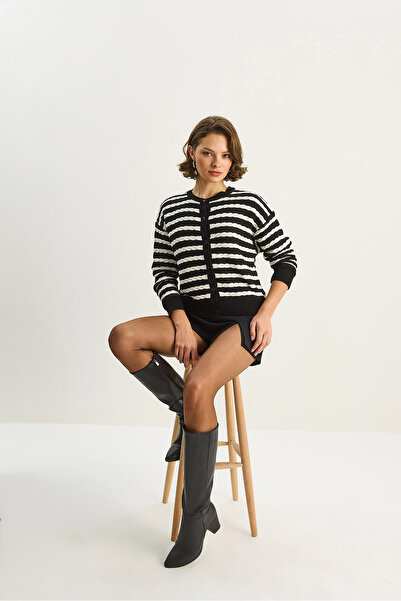 Bianco Lucci Women's Striped Hair Knit Basic Knitwear Cardigan 2504 60283726