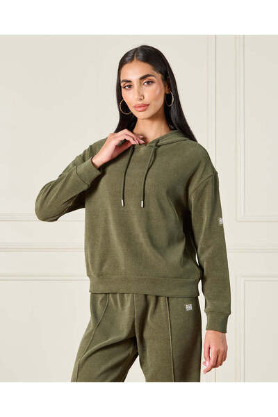 REDTAG Women Olive Hooded Sweatshirt