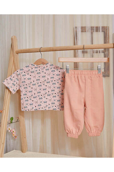 REDTAG Infant Girls Pink Cat Print Set (2 Piece)