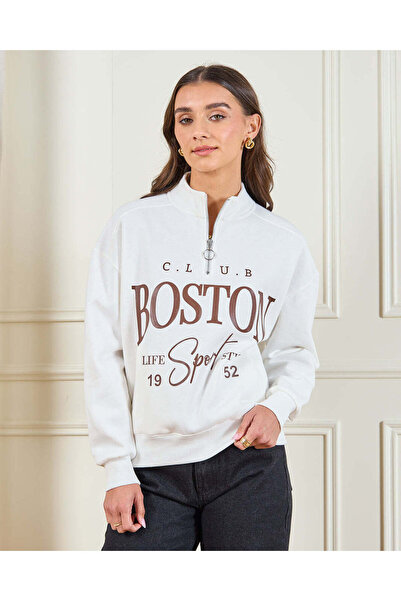 REDTAG Women Grey Printed Half-Zip Sweatshirt