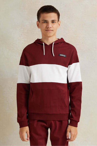REDTAG Senior Boys Burgundy And White Hooded Sweatshirt