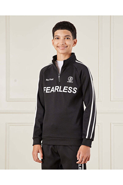 REDTAG Senior Boys Black Heat Seal Zip Neck Crew Neck Sweatshirt