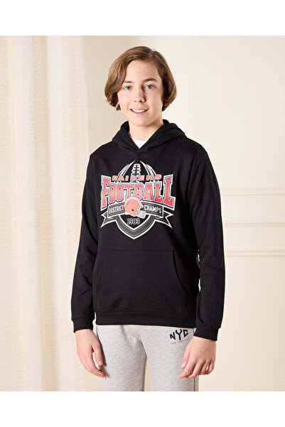 REDTAG Senior Boys Black Printed Hooded Sweatshirt