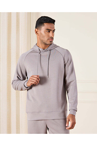 REDTAG Men Beige Hooded Lounge Sweatshirt