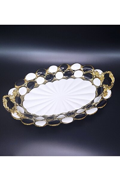 Alara Gümüş Porselen Metal Kulplu Sunum Oval 36x22 cm | Söz, Nişan, Hediye ve...