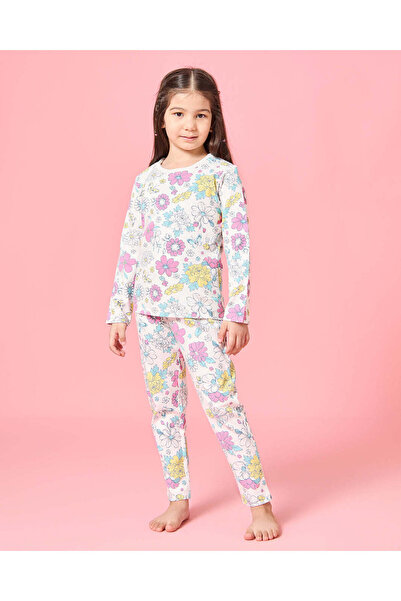 REDTAG Girls White Floral Print Pyjama Set (2 Piece)
