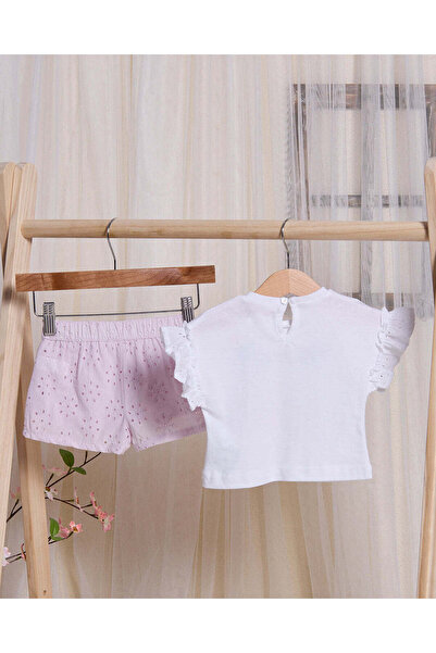 REDTAG Infant Girls White Embroidered T-Shirt With Lilac Short