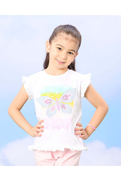 REDTAG Girls White Butterfly Print T-Shirt And Shorts Set (2 Piece)