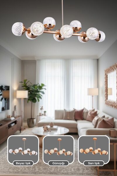 ŞL Şef Light Modern Tasarım Gold 10'lü 3 Renk Işık Özellikli Ledli Kumandalı Avize