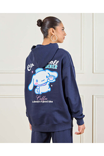 REDTAG Women Navy Cinnamoroll Printed Hooded Sweatshirt