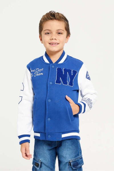 REDTAG Boys Navy And White Bomber Front Open Sweatshirt