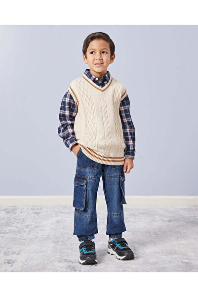 REDTAG Junior Boys 2-Piece Set Check Shirt with Beige Sleeveless Sweater