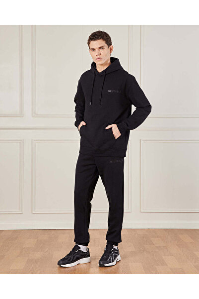 REDTAG Men Black Hooded Lounge Sweatshirt