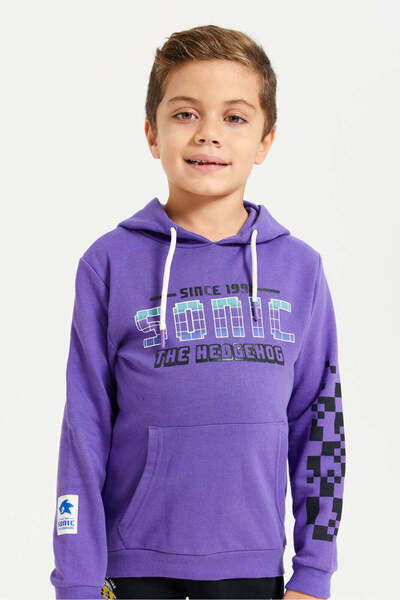 REDTAG Boys Purple Printed Hooded Sweatshirt