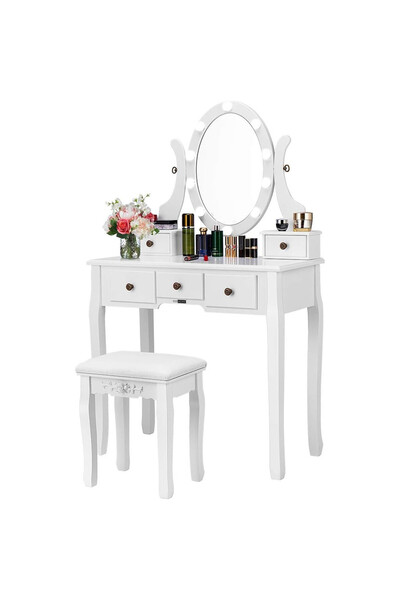 VIVOHOME Makeup table with rotating LED mirror, upholstered chair and drawers, white 134x81x40 cm
