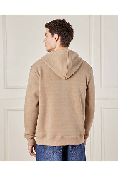 REDTAG Men Beige Faux Fur Lined Hooded Sweatshirt