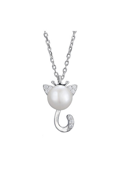 OEM Colier argint 925 cu perla cultura si zirconia – bijuterie fashion dama cu pandantiv pisica elegant