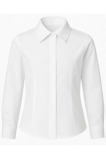 UD White Long-Sleeve School Blouse for Students - Comfortable Cotton-Poly, Classic Collar, Front Button