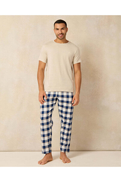 REDTAG Men Beige And Navy Checkered Pyjama Set (2 Piece)