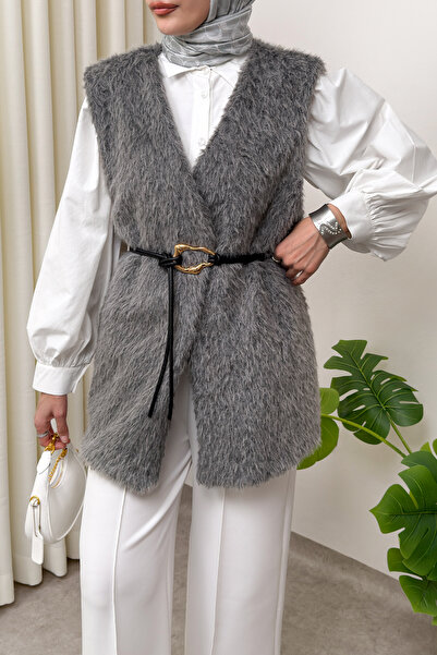 Salih Çelebi Γιλέκο Γούνινο με Ζώνη 2910 - ΓΚΡΙ