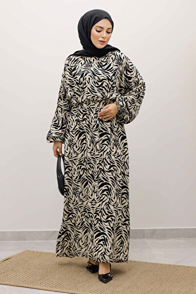 Tesettür Dünyası Φόρεμα με ελαστική μέση με μανίκια νυχτερίδας από βισκόζη TSD250235 Μπεζ