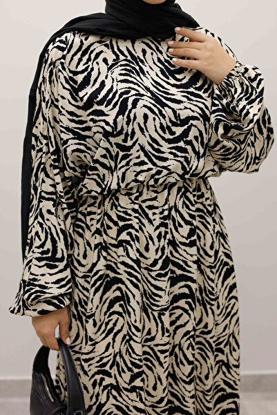 Tesettür Dünyası Φόρεμα με ελαστική μέση με μανίκια νυχτερίδας από βισκόζη TSD250235 Μπεζ