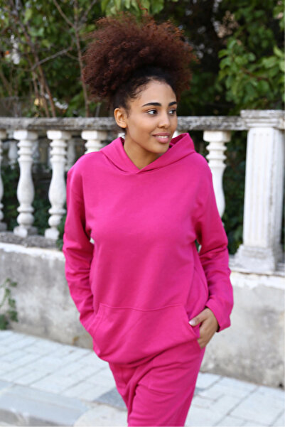alfa expres Clothing Women's Cotton Hooded Pocketed 3 Thread Fuchsia Tracksuit Set