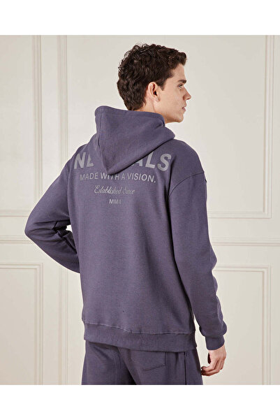 REDTAG Men Blue Hooded Lounge Sweatshirt