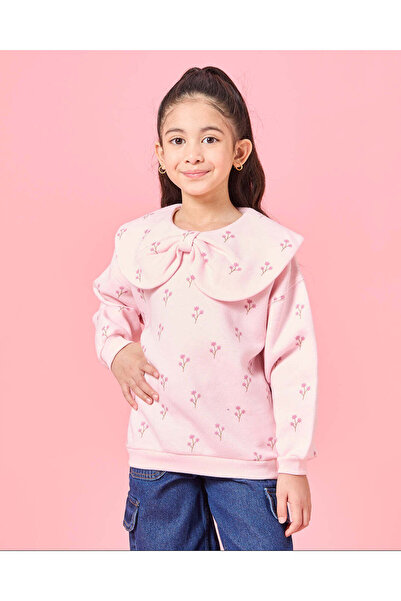 REDTAG Girls Pink Floral Print Collared Sweatshirt
