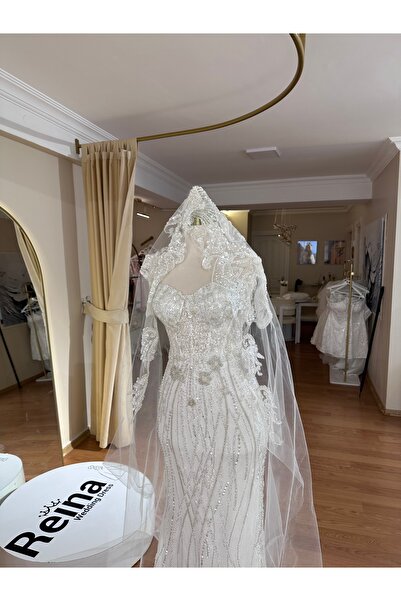 MODA Gümüş Boncuk Dantelli Duvak - Gelin Duvağı-Gelin Aksesuarı