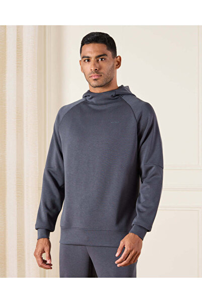 REDTAG Men Charcoal Hooded Lounge Sweatshirt