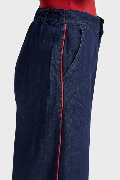 its basic Women's Indigo Color 7W5-50 W Wide Leg Fit Viscose Fabric Ş Striped Detail Special Design Denim Jean