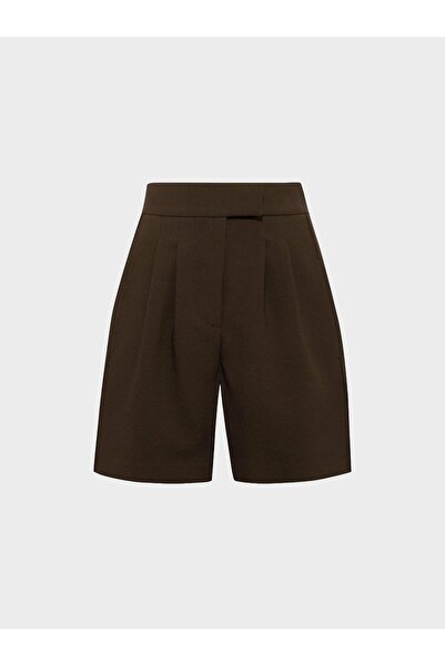 RİVUS High Waisted Ribbed Stitching Loose Fit Pleated Detail Shorts - Brown