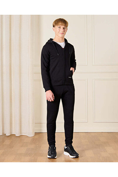 REDTAG Senior Boys Black Hooded Sweatshirt