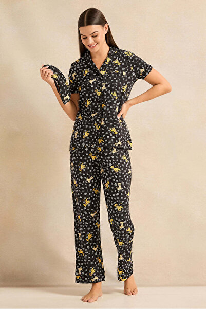 REDTAG Women Black Printed Pyjama Set With Eye Mask (3 Piece)