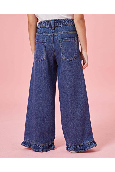 REDTAG Girls Navy Solid Wide Leg Jeans With Frills