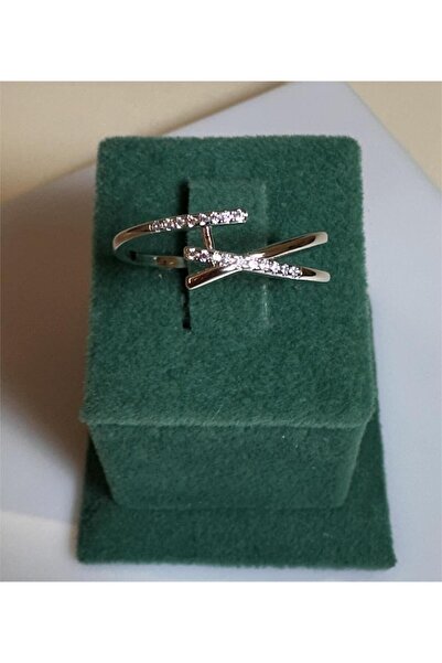 ela jewelry خاتم فضي اللون على شكل حرف X مرصع بالأحجار الكريمة من الفولاذ