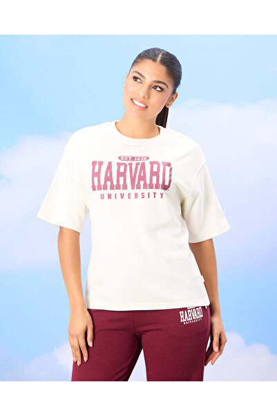 REDTAG Women Cream Harvard University Crop Oversize Active Sweatshirt