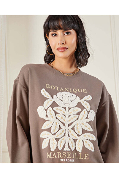 REDTAG Women Brown Floral Embroidered Sweatshirt