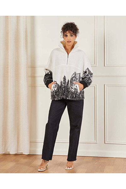 REDTAG Women Ivory And Black Embroidered Fur Sweatshirt